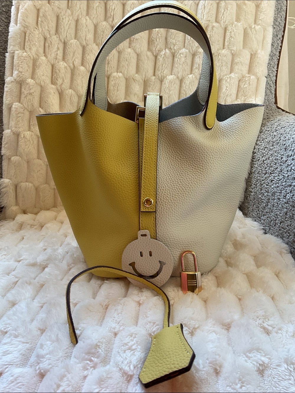 Yellow and Light cream Women's Leather Tote Bag - Stylish Colorblock Handbag.